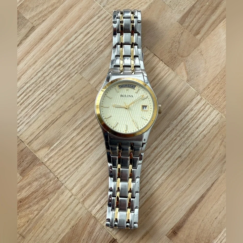 Bulova Luxury Men's Watch Gold Dial and Hands Two-Tone Bracelet Day Date Windows